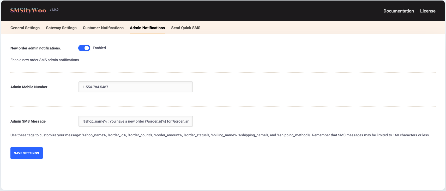Admin Notifications - SMSifyWoo - Send SMS Notification For WooCommerce